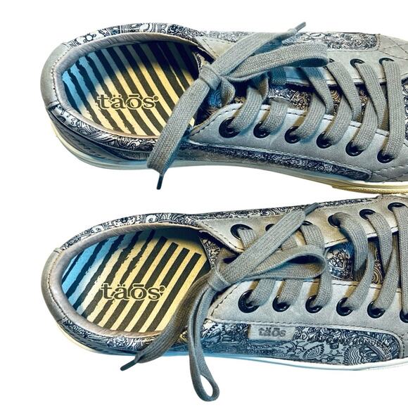 Taos Women’s Sz 7.5 Gray Paisley Taupe Leather Sneaker Plim Soul Lux Lace Up - Picture 7 of 11